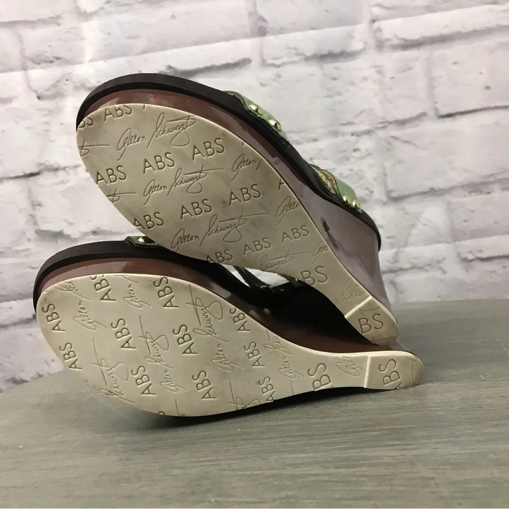 ABS Allen Schwartz Leather “Graciela” Ankle Strap Wedges, Mint Green 7.5